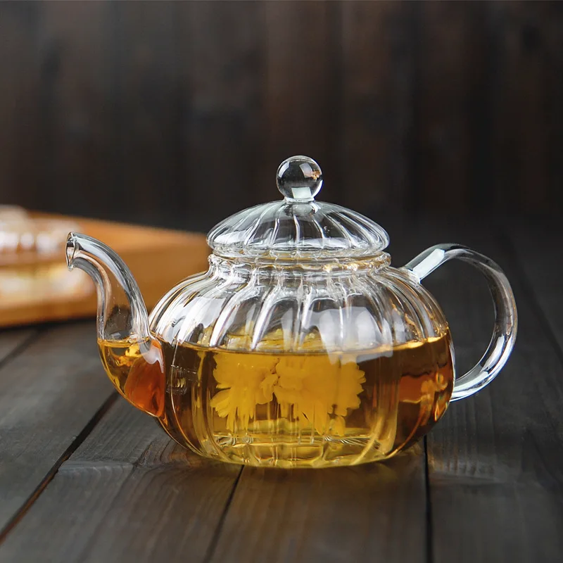 Herbal Tea - 줄무늬 호박 모양 꽃 티팟 유리